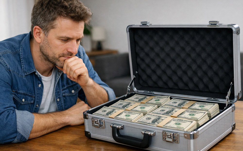 Man looking at diplomat with dollars on table, realistic image in stock photo style