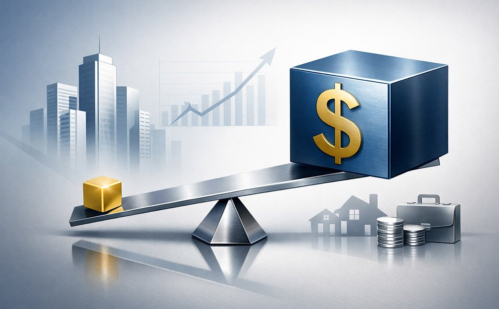 Wealth building leverage concept showing small investor capital using debt to control larger appreciating assets in real estate and private equity