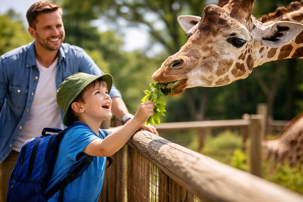 Child feeding a giraffe at the zoo with his father nearby
