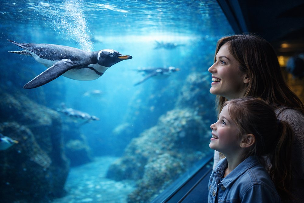 Mother and daughter watching a penguin through underwater aquarium glass
